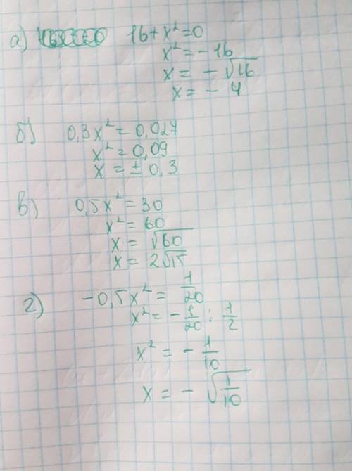 Найдите корни уравнения а) 16+х²=0 б) 0.3х²=0.027в) 0.5х²=30г) -05х²= 1/20 ​