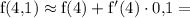 \mathrm{f}(4{,}1) \approx \mathrm{f}(4) + \mathrm{f}'(4)\cdot 0{,}1 =