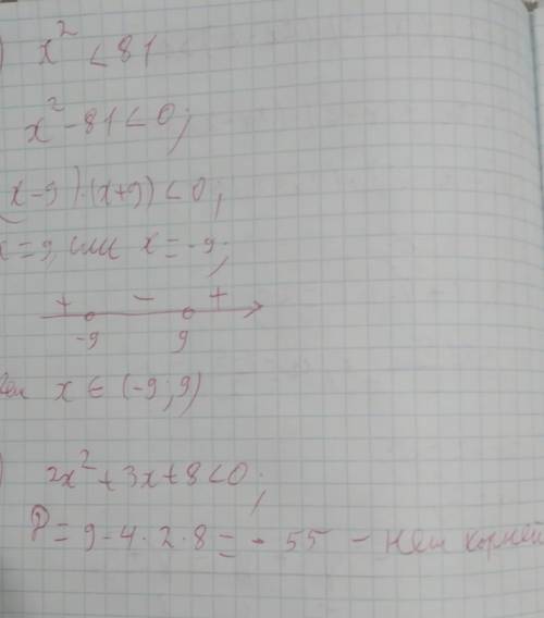 Решите неравенство:1) x^2<812) 2x^2+3x+8<0​