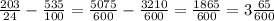 \frac{203}{24} - \frac{535}{100} = \frac{5075}{600} - \frac{3210}{600} = \frac{1865}{600} = 3\frac{65}{600}