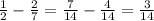 \frac{1}{2} - \frac{2}{7} = \frac{7}{14} - \frac{4}{14} = \frac{3}{14}