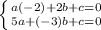 \left \{ {{a(-2)+2b+c=0} \atop {5a+(-3)b+c = 0}} \right.