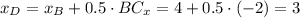 x_D = x_B + 0.5\cdot BC_x = 4 + 0.5\cdot (-2) = 3