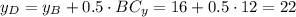 y_D = y_B + 0.5\cdot BC_y = 16 + 0.5\cdot 12 = 22