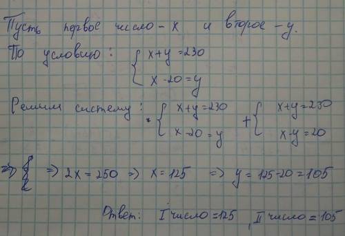 Сумма двух чисел 230. Если первое из них уменьшить на 20, то числа станут равными. Найдите эти числа