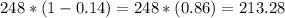 248*(1-0.14) = 248*(0.86)=213.28