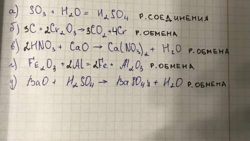 1 Расставьте коэффициенты, определите тип реакции: а) SO3 + H2O = H2SO4 б) C +Cr2 O3→ CO2 +Cr в) HNO