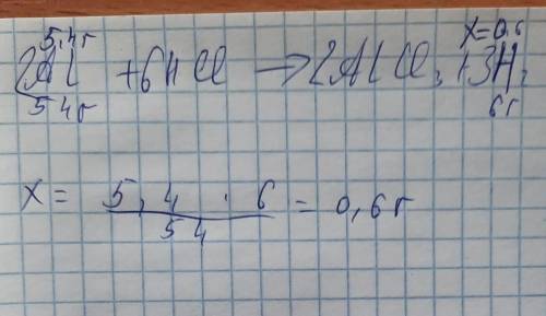 Найти объем водорода,полученного из 5,4г алюминия и соляной кислоты