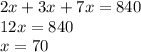 2x + 3x + 7x = 840 \\ 12x = 840 \\ x= 70