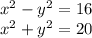 {x}^{2} - {y}^{2} = 16 \\ {x}^{2} + {y}^{2} = 20 \\