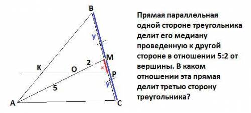 Прямая параллельная одной стороне треугольника делит его медиану проведенную к другой стороне в отно