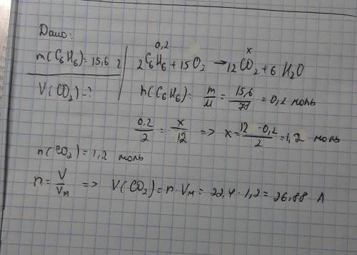 Какой объем углекислого газа образуется при сгорании 15,6 г бензола.