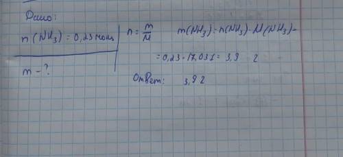 Найдите массу аммиака NH₃ если известно, что количества вещества равно 0,23 моль