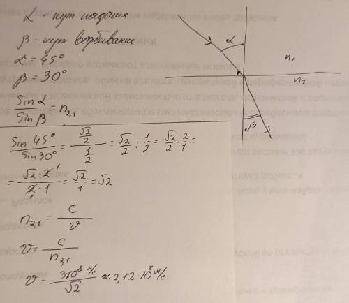 кут падіння світлового променя на межу поділу двох середовищ 45°,а кут заломлення 30°. Визначте швид