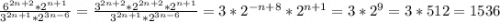 \frac{6^{2n+2} *2^{n+1} }{3^{2n+1} *2^{3n-6} } =\frac{3^{2n+2} *2^{2n+2}*2^{n+1} }{3^{2n+1} *2^{3n-6} } =3*2^{-n+8} *2^{n+1} =3*2^{9} =3*512=1536