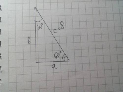 7. В прямоугольном треугольнике гипотенуза равна с= 8 cm, а острый угол равен a = 30°. Найдите катет