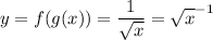 \displaystyle y=f(g(x))=\frac{1}{\sqrt{x}}=\sqrt{x}^{-1}