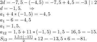 2d=-7,5-(-4,5)=-7,5+4,5=-3\ |:2\\d=-1,5. \ \ \ \ \Rightarrow\\a_1+4*(-1,5)=-4,5\\a_1-6=-4,5\\a_1=1,5.\\a_{12}=1,5+11*(-1,5)=1,5-16,5=-15.\\S_{12}=\frac{1,5+(-15)}{2}*12=-13,5*6=-81.