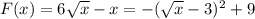 F(x) = 6\sqrt{x}-x = -(\sqrt{x}-3)^2 + 9