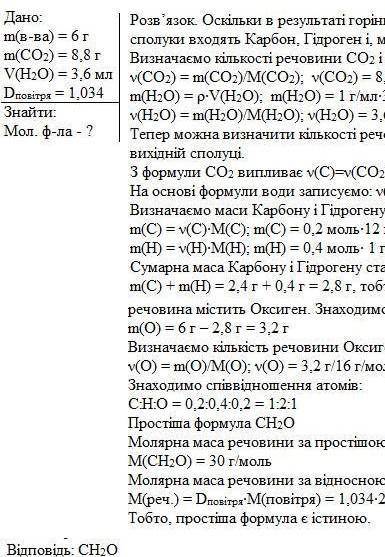 При спалюванні 6 г органічної речовини утворилося 4,48 л вуглекислого газу і 3,6 г води (н.у.). Відн