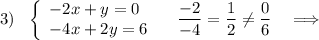 3)\ \ \left\{\begin{array}{l}-2x+y=0\\-4x+2y=6\end{array}\right\ \ \ \dfrac{-2}{-4}=\dfrac{1}{2}\ne \dfrac{0}{6}\ \ \ \Longrightarrow