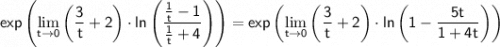 \displaystyle \sf exp\left( \lim_{t \to 0} \left(\frac{3}{t}+2\right)\cdot ln\left(\frac{\frac{1}{t}-1}{\frac{1}{t}+4}\right) \right)=exp\left( \lim_{t \to0} \left(\frac{3}{t}+2\right)\cdot ln\left(1-\frac{5t}{1+4t}\right) \right)