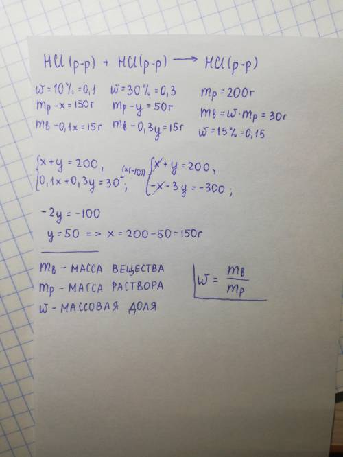 Определить количество 10% и 30% раствора соляной кислоты, необходимые для приготовления 200 г 15% ра
