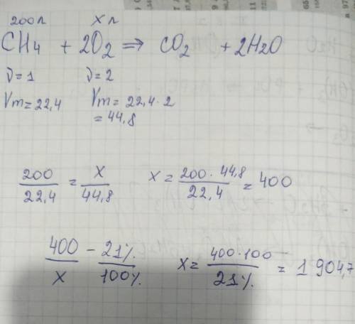 Рассчитайте объем воздуха (н.у.), необходимые для сжигания 200 л метана. Объемная доля кислорода в в