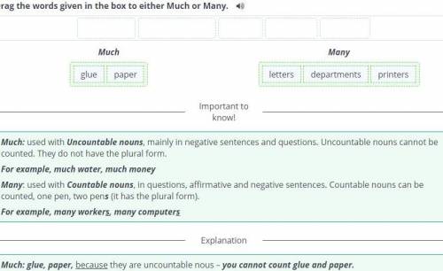 White collar workers Drag the words given in the box to either Much or Many. =)+ printers+ departmen