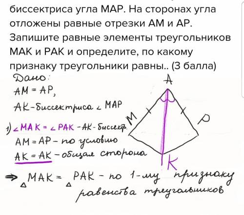 Луч AК – биссектриса угла МАР. На сторонах угла отложены равные отрезки АМ и АР. Запишите равные эле