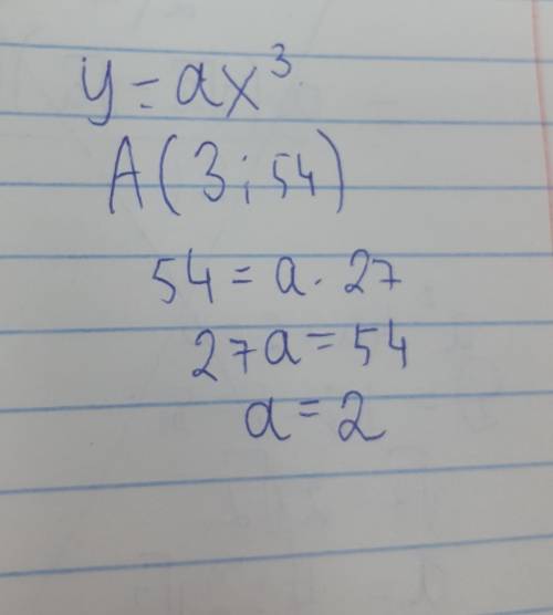 При каких значениях а график функции у = ах³ проходит через точку А(3;54)
