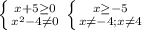 \left \{ {{x+5\geq 0} \atop {x^2-4\neq 0}} \right. \left \{ {{x\geq -5} \atop {x\neq -4;x\neq 4}} \right.