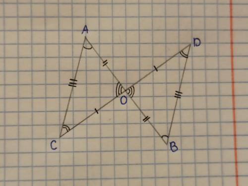 Отрезки АВ и СD пересекается в середине точке О. Запишите равные элементы треугольников ACО и ОBD и