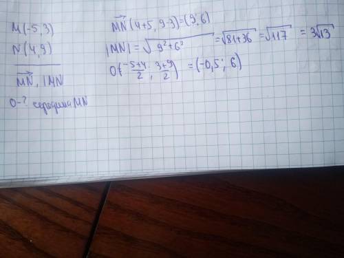 Зная координаты M(-5;3) и N(4;9) найдите: координаты вектора MN, середины отрезка MN и длину MN