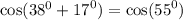 \cos(38 ^{0} + {17}^{0} ) = \cos( {55}^{0} )