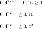 0,4^{2x-1} - 0,16 \geq 0\\\\0,4^{2x-1} \geq 0,16\\\\0,4^{2x-1} \geq 0,4^2