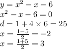 y = {x}^{2} - x - 6 \\ x {}^{2} - x - 6 = 0 \\ d = 1 + 4 \times 6 = 25 \\ x = \frac{1 - 5}{2} = - 2 \\ x = \frac{1 + 5}{2} = 3 \\