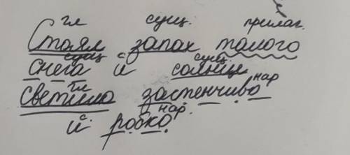 Синтаксический разбор предложения:стоял запах талого снега и солнце светило застенчиво и робко ​