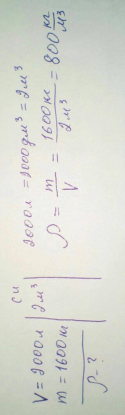 4. Цистерна вместимостью 2000 л наполнена керосином, масса которого равна 1600 кг. Вычислите плотнос