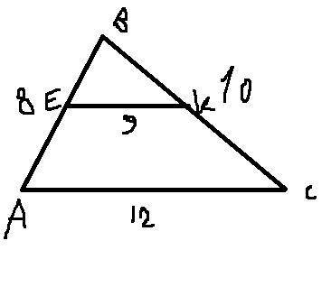 В треугольнике ABC=8,BC=10,AC=12. Прямая параллельная АС пересекает сторону АВ в точке Е а сторону В