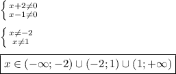 \left \{ {{x+2\neq0 } \atop {x-1\neq0 }} \right. \\\\\left \{ {{x\neq-2} \atop {x\neq 1}} \right.\\\\\boxed{x\in(-\infty;-2)\cup(-2;1)\cup(1;+\infty)}