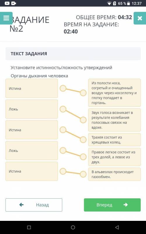 Установите истинность/ ложность утверждений Органы дыхания человека А) Из полости носа, согретый и о