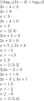 1) log_{0.5} (2x-4)log_{0.5} 2\\ 2x-40\\2x+30\\x+5\geq 2x+3\\x-5\\x-1.5\\x\leq 2\\x =( 1.5;2]\\3)2x-30\\3x+10\\2x-3\leq 3x+1\\x1.5\\x-\frac{1}{3} \\x\geq -4\\x=(1.5;∞)
