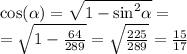 \cos( \alpha ) = \sqrt{1 - { \sin}^{2} \alpha } = \\ = \sqrt{1 - \frac{64}{289} } = \sqrt{ \frac{225}{289} } = \frac{15}{17}