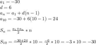 a_{1}=-30\\d=6\\a_{n}=a_{1}+d(n-1)\\a_{10}=-30+6(10-1)= 24\\\\S_{n} =\frac{a_{1}+a_{n} }{2} *n\\\\S_{10}= \frac{-30+24}{2} *10 = \frac{-6}{2} *10 = -3*10 = -30\\