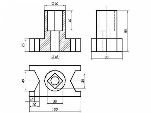 сделать 3 проекцию этого чертежа и показать разрез,а ещё если не трудно показать 3 д модель