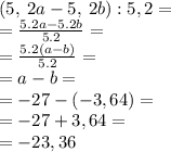 \left(5,\:2a-5,\:2b\right):5,2=\\=\frac{5.2a-5.2b}{5.2}=\\=\frac{5.2\left(a-b\right)}{5.2}=\\=a-b=\\=-27-(-3,64)=\\=-27+3,64=\\=-23,36