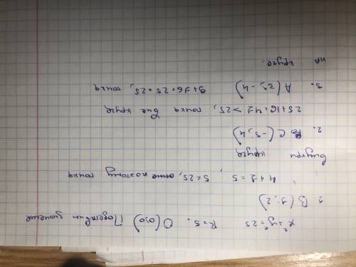 Формула окружности: x2+y2=25. Определи место данной точки: находится ли она на окружности, внутри кр