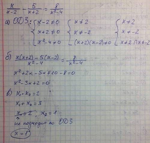 Дано уравнение: х/х-2 - 5/х+2 =8/х²-4 А)Укажите область допустимых значений уравнений Б)приведите р
