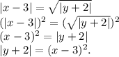 |x-3|=\sqrt{|y+2|}\\(|x-3| )^2=(\sqrt{|y+2|} )^2\\(x-3)^2=|y+2|\\|y+2|=(x-3)^2.
